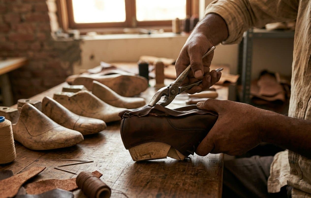 Lasting / Battam (बट्टम लगाना) — footwear manufacturing process at KAIM Footwear, Agra