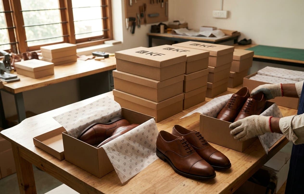 Packaging & Dispatch (पैकेजिंग) — footwear manufacturing process at KAIM Footwear, Agra